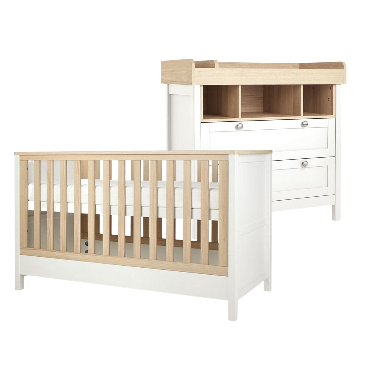Mamas & Papas Harwell 2 Piece Nursery Furniture Set with Cot Bed and Dresser- White / Natural