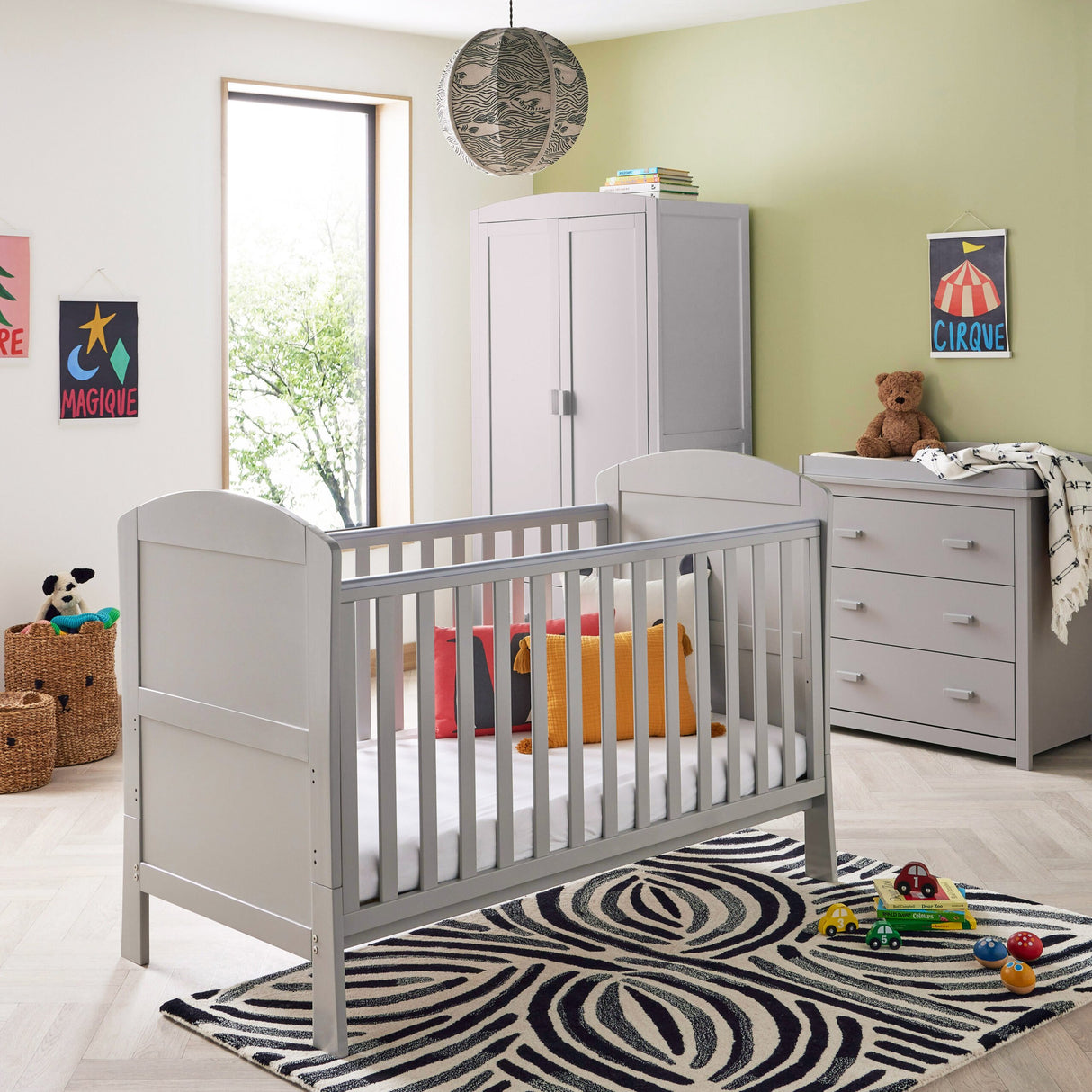 Babymore Aston 3 Piece Nursery Furniture Set with Cot Bed, Dresser & Wardrobe - Grey