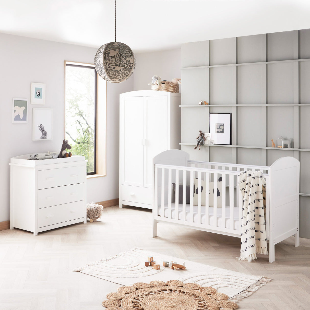 Babymore Aston 3 Piece Nursery Furniture Set with Cot Bed, Dresser & Wardrobe - White