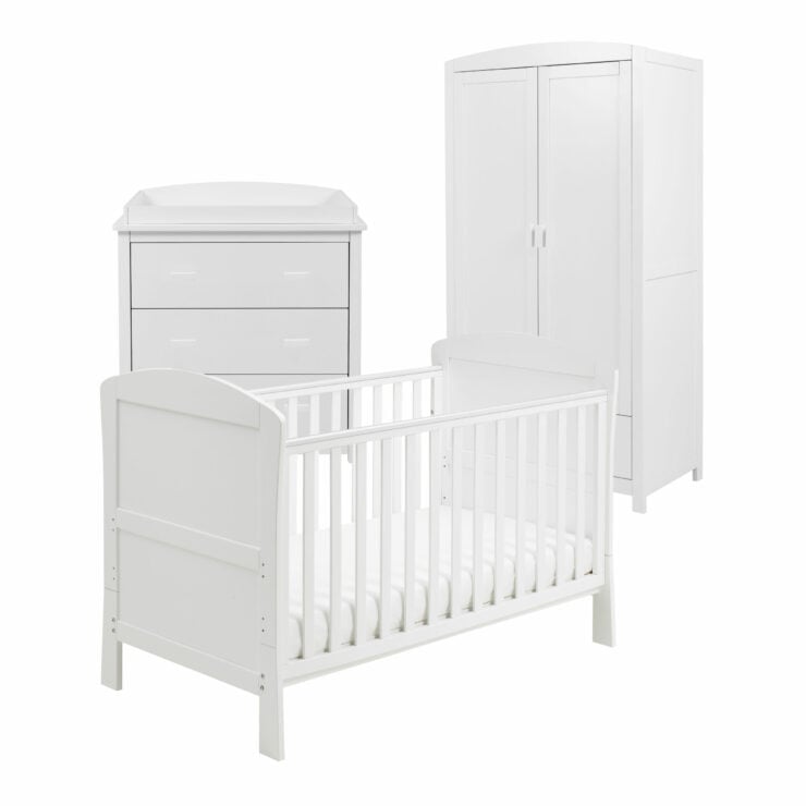 Babymore Aston 3 Piece Nursery Furniture Set with Cot Bed, Dresser & Wardrobe - White
