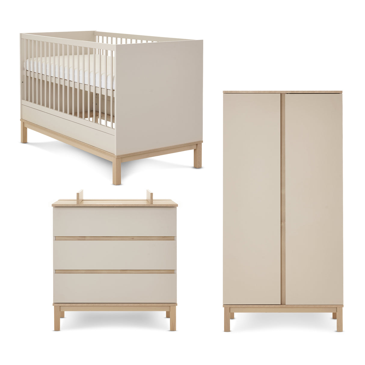 Obaby Astrid 3 Piece Nursery Furniture Set with Cot Bed, Dresser & Wardrobe - Satin