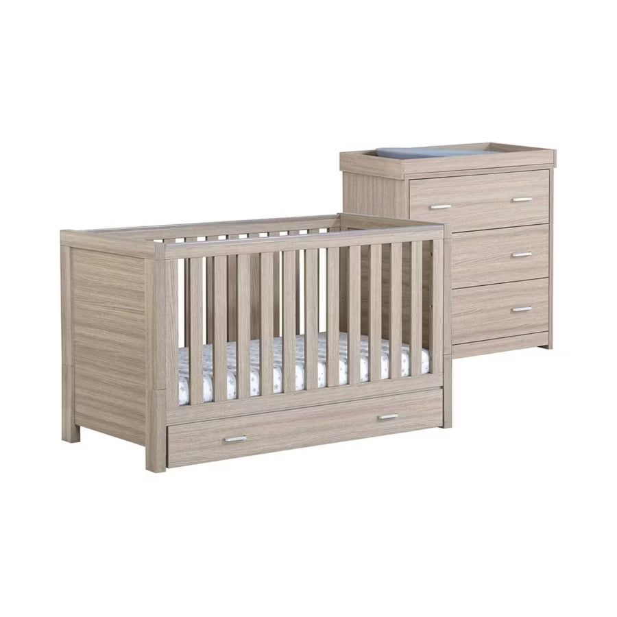 Babymore Luno 2 Piece Nursery Furniture Set with Cot Bed, Under Drawer and Dresser - Oak
