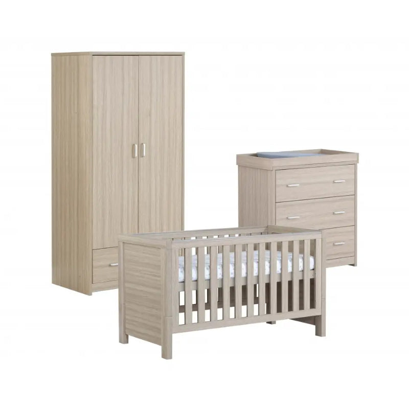 Babymore Luno 3 Piece Nursery Furniture Set with Cot Bed, Dresser and Wardrobe - Oak