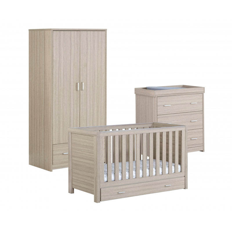 Babymore Luno 3 Piece Nursery Furniture Set with Cot Bed, Under Drawer, Dresser and Wardrobe - Oak