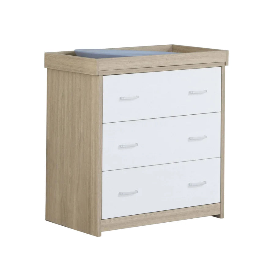 Babymore Luno 3 Piece Nursery Furniture Set with Cot Bed, Under Drawer, Dresser and Wardrobe - White / Oak