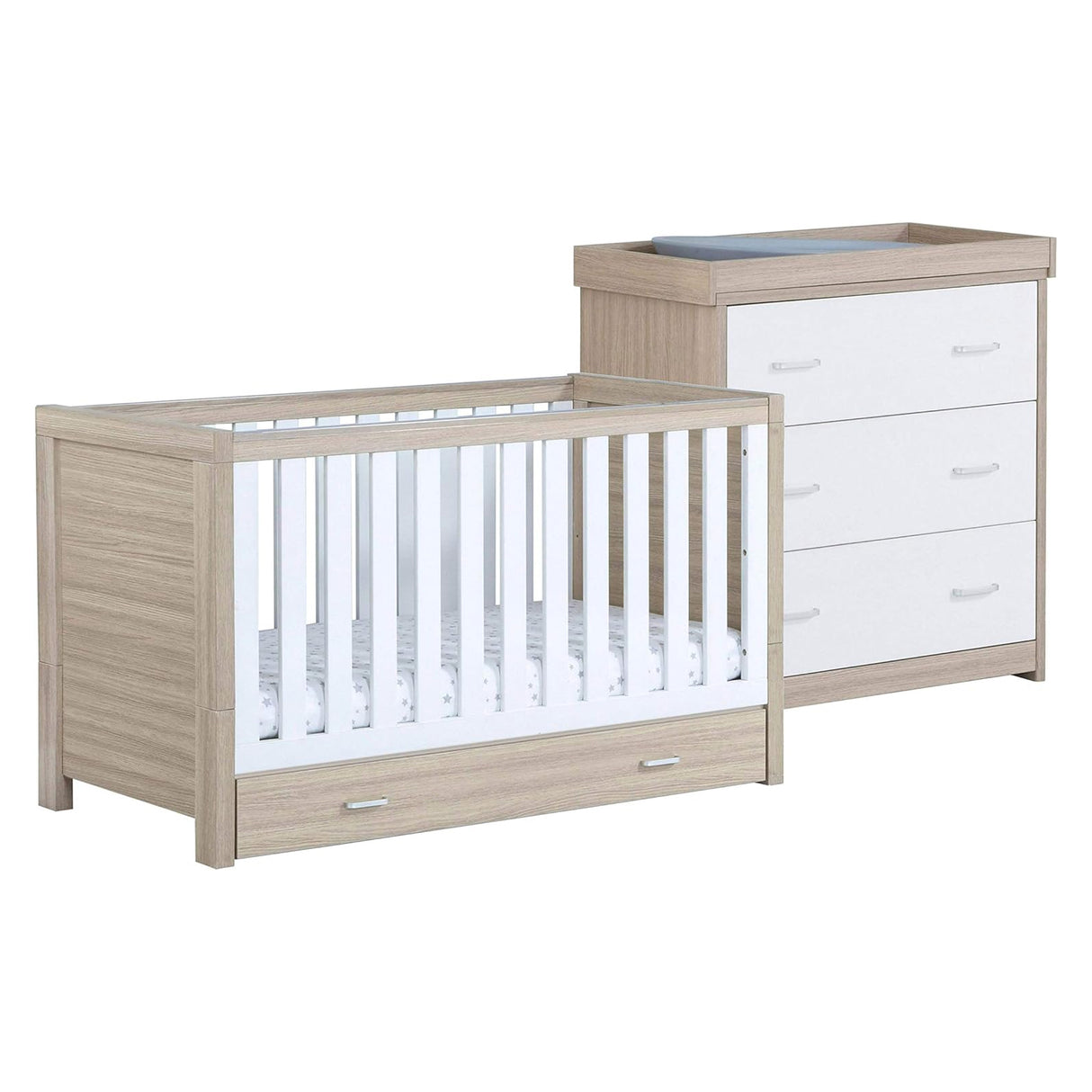 Babymore Luno 2 Piece Nursery Furniture Set with Cot Bed, Under Drawer and Dresser - White / Oak