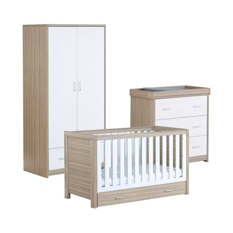 Babymore Luno 3 Piece Nursery Furniture Set with Cot Bed, Under Drawer, Dresser and Wardrobe - White / Oak