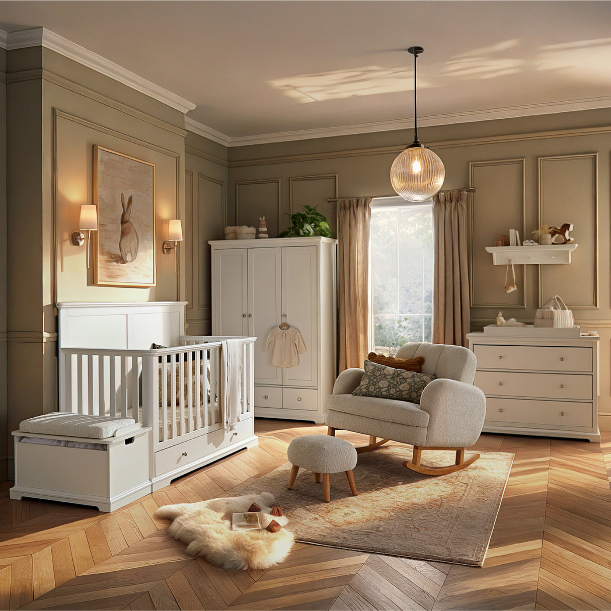 CuddleCo Beaumont Grand 3 Piece Nursery Furniture Set with Cot Bed, Dresser & Wardrobe - White