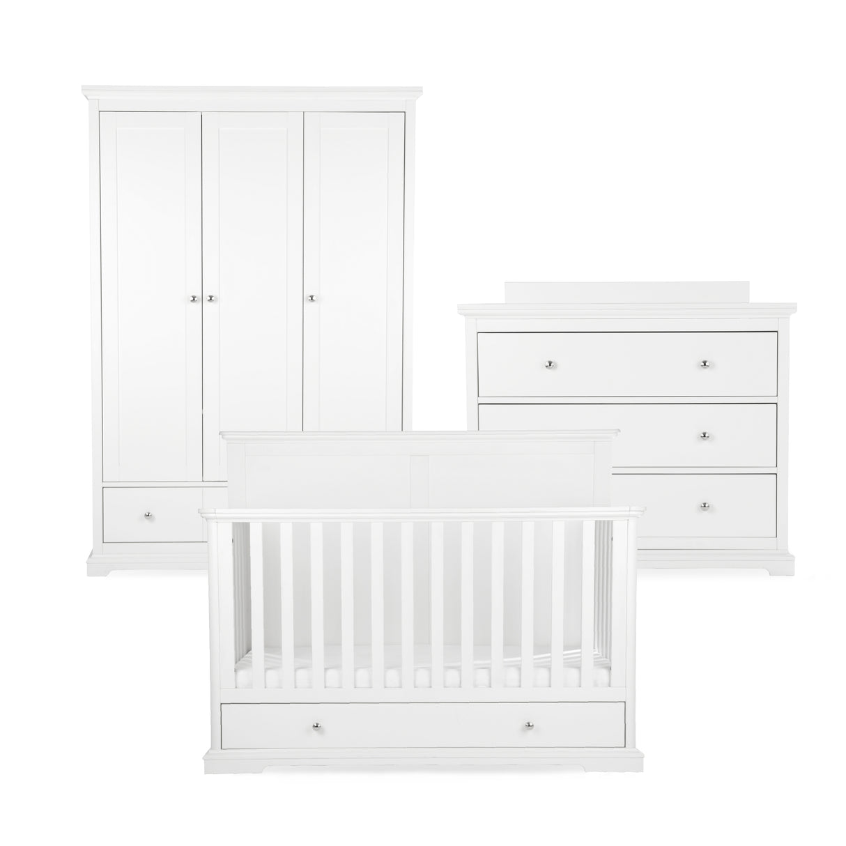 CuddleCo Beaumont Grand 3 Piece Nursery Furniture Set with Cot Bed, Dresser & Wardrobe - White