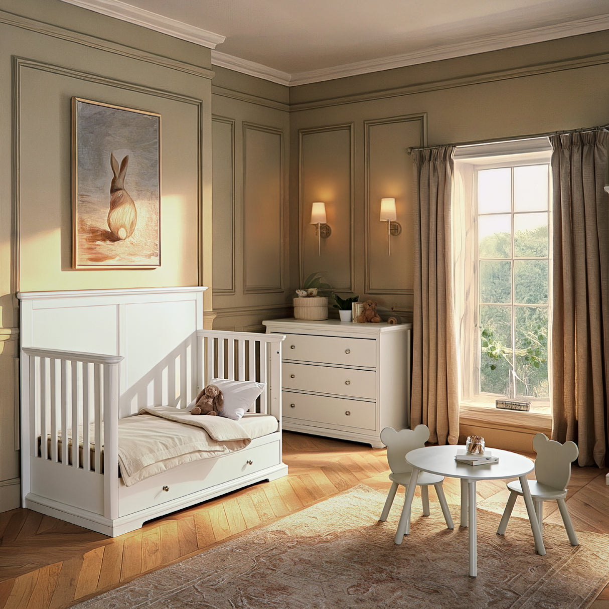 CuddleCo Beaumont Grand 3 Piece Nursery Furniture Set with Cot Bed, Dresser & Wardrobe - White