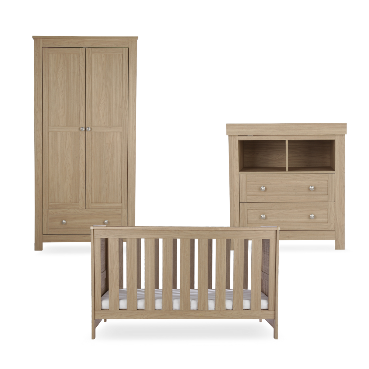 CuddleCo Burford 3 Piece Nursery Furniture Set with Cot Bed, Dresser & Wardrobe - Oak