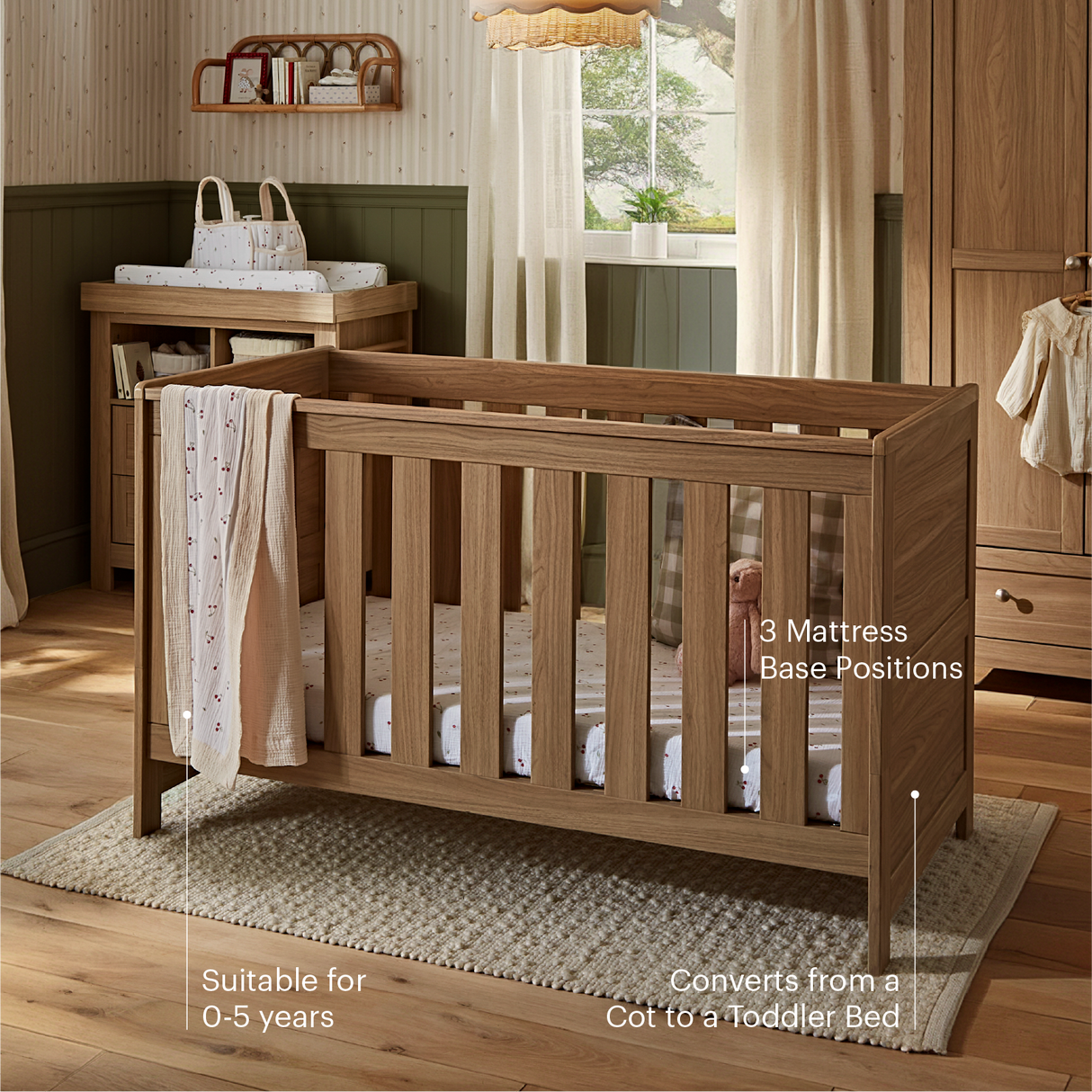 CuddleCo Burford 2 Piece Nursery Furniture Set with Cot Bed and Dresser - Oak