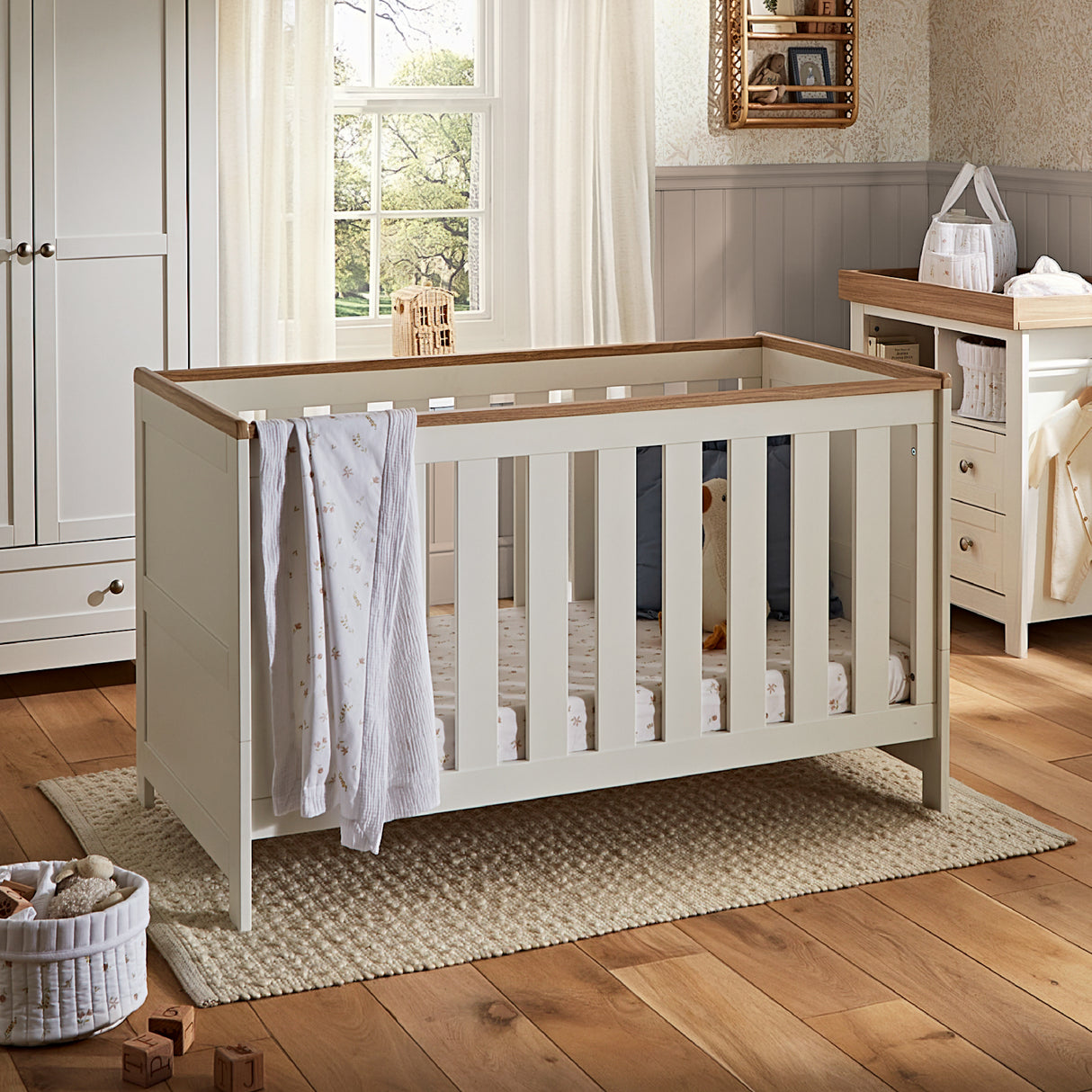 CuddleCo Burford 2 Piece Nursery Furniture Set with Cot Bed and Dresser - White & Oak