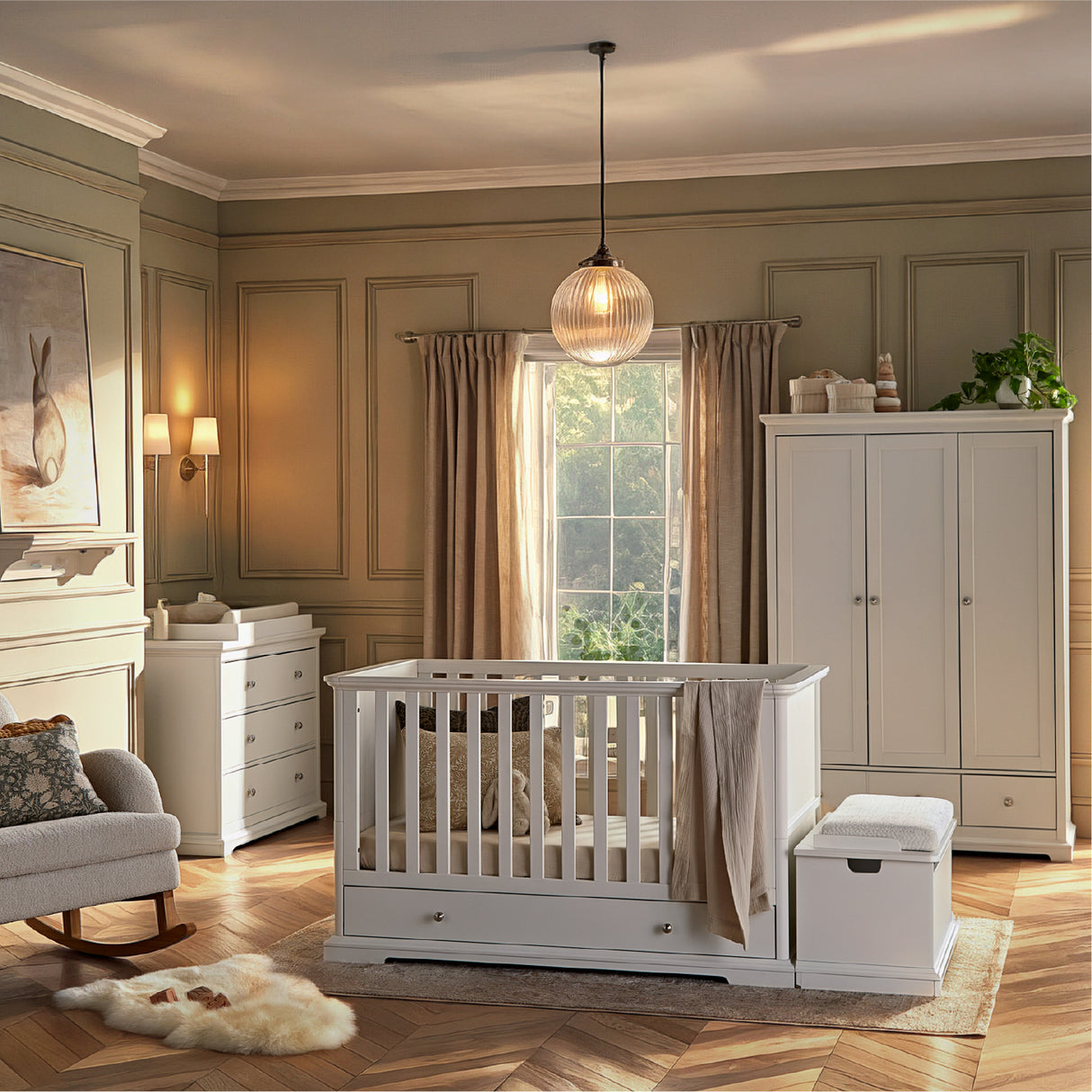 CuddleCo Beaumont 3 Piece Nursery Furniture Set with Cot Bed, Dresser & Wardrobe - White