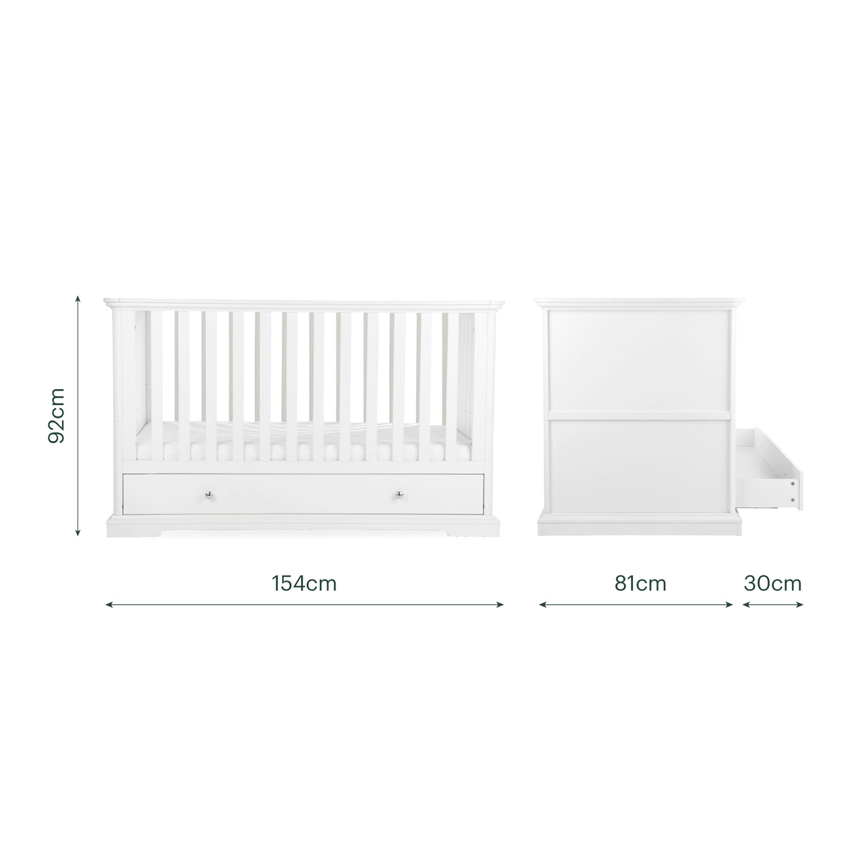 CuddleCo Beaumont 3 Piece Nursery Furniture Set with Cot Bed, Dresser & Wardrobe - White
