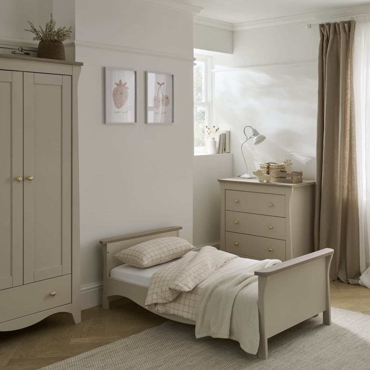 CuddleCo Clara Luxe 3 Piece Nursery Furniture Set with Cot Bed, Dresser & Wardrobe - Cashmere & Ash