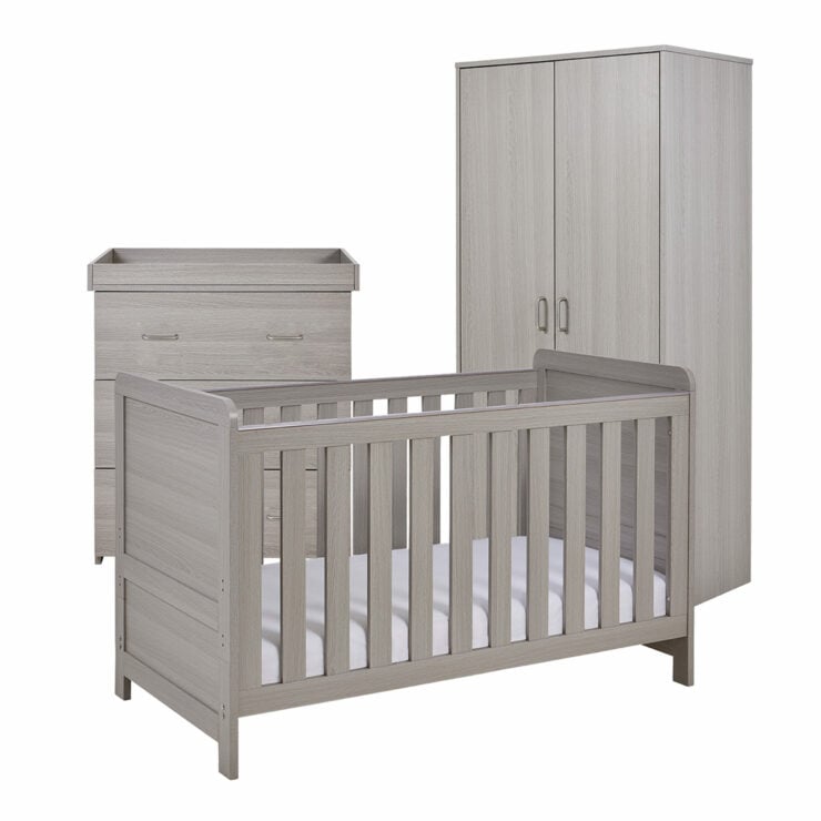 Babymore Caro 3 Piece Nursery Furniture Set with Cot Bed, Dresser and Wardrobe - Grey Wash