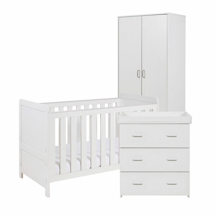 Babymore Caro 3 Piece Nursery Furniture Set with Cot Bed, Dresser and Wardrobe - White Wash