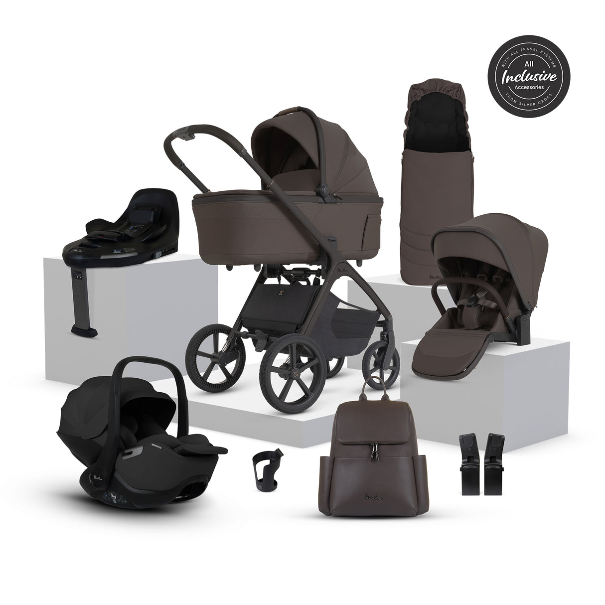 Silver Cross Cove 2 Ultimate Bundle with Glide Plus 360 Infant Car Seat and ISOFIX Base Plus - Chocolate