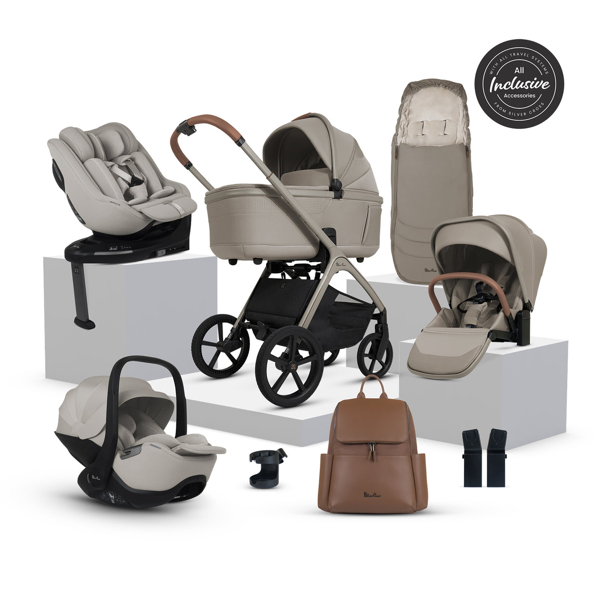Silver Cross Cove Ultimate Family Travel System with Glide Plus 360, Approach Plus 360 Car Seat and ISOFIX Base - Champagne
