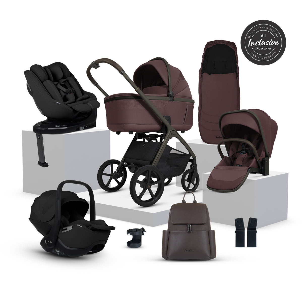 Silver Cross Cove Ultimate Family Travel System with Glide Plus 360, Approach Plus 360 Car Seat and ISOFIX Base - Damson