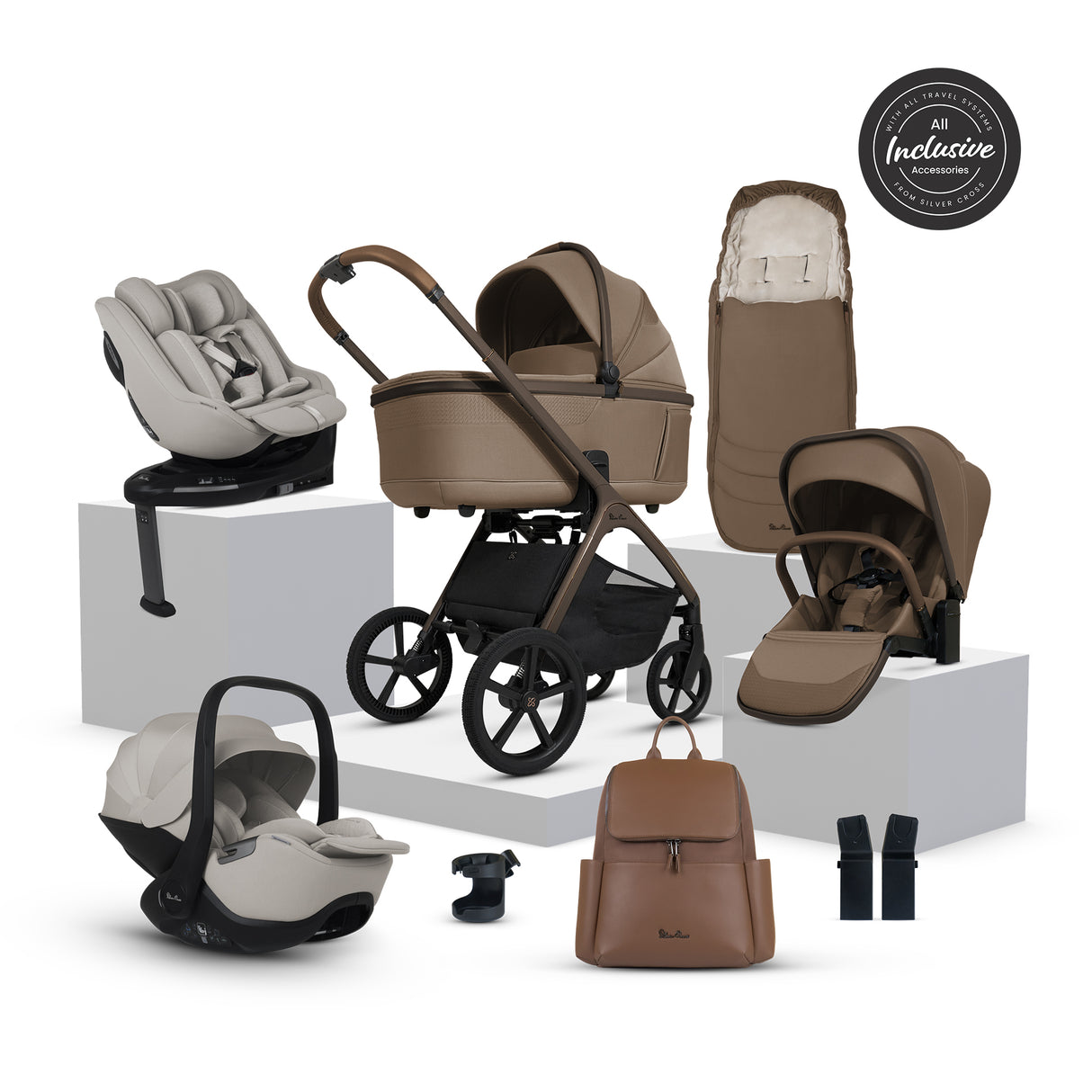 Silver Cross Cove Ultimate Family Travel System with Glide Plus 360, Approach Plus 360 Car Seat and ISOFIX Base - Maple