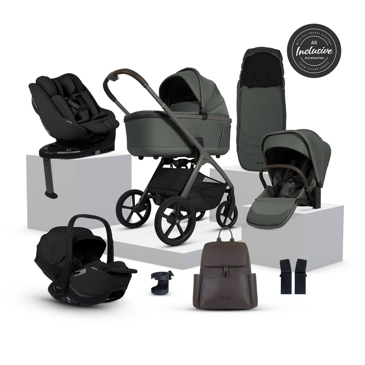 Silver Cross Cove Ultimate Family Travel System with Glide Plus 360, Approach Plus 360 Car Seat and ISOFIX Base - Pewter
