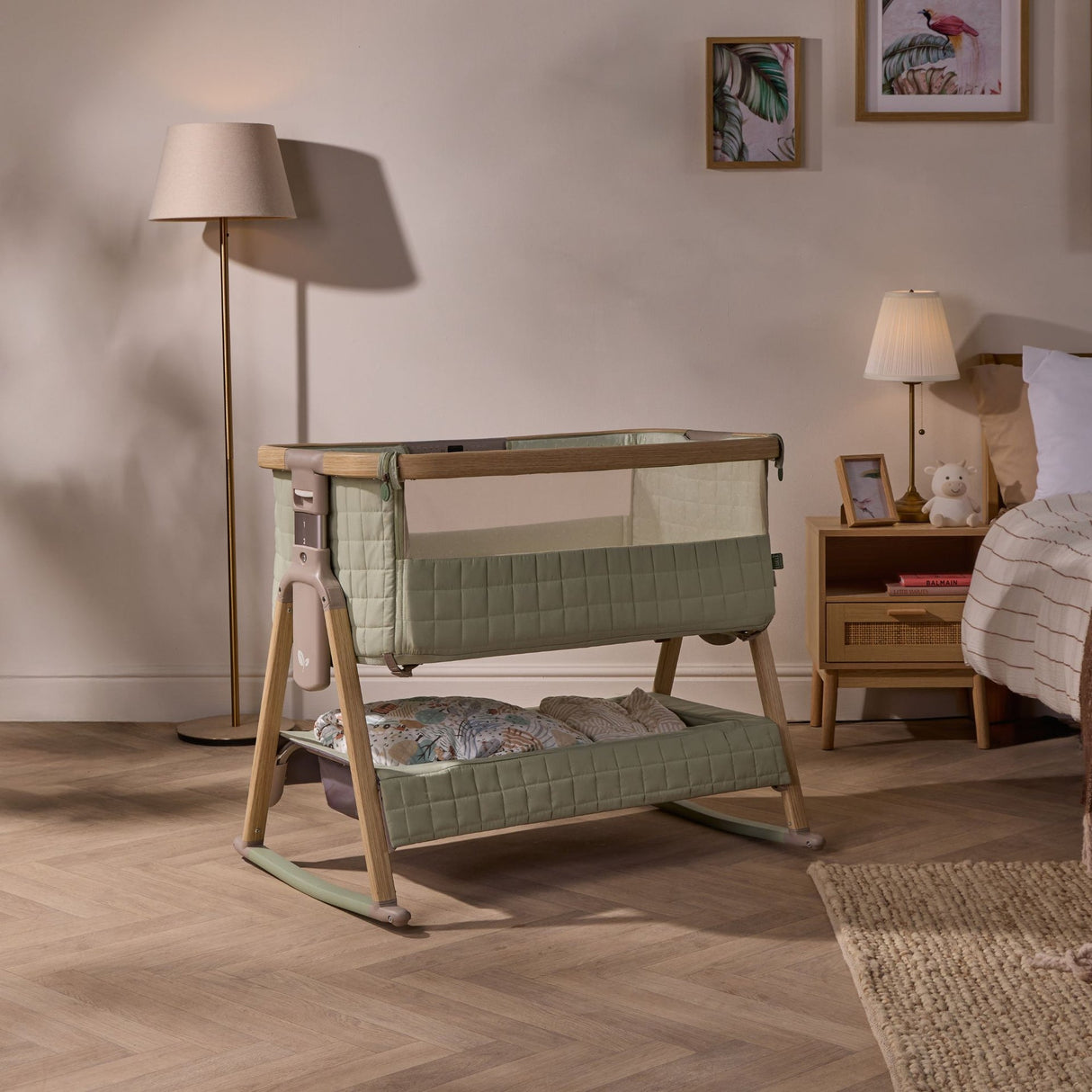 Tutti Bambini Cozee Sense Bedside Crib - Drifted Oak & Eucalyptus
