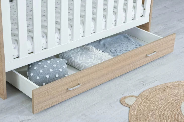 Babymore Luno Cot Bed with Under Drawer - Oak