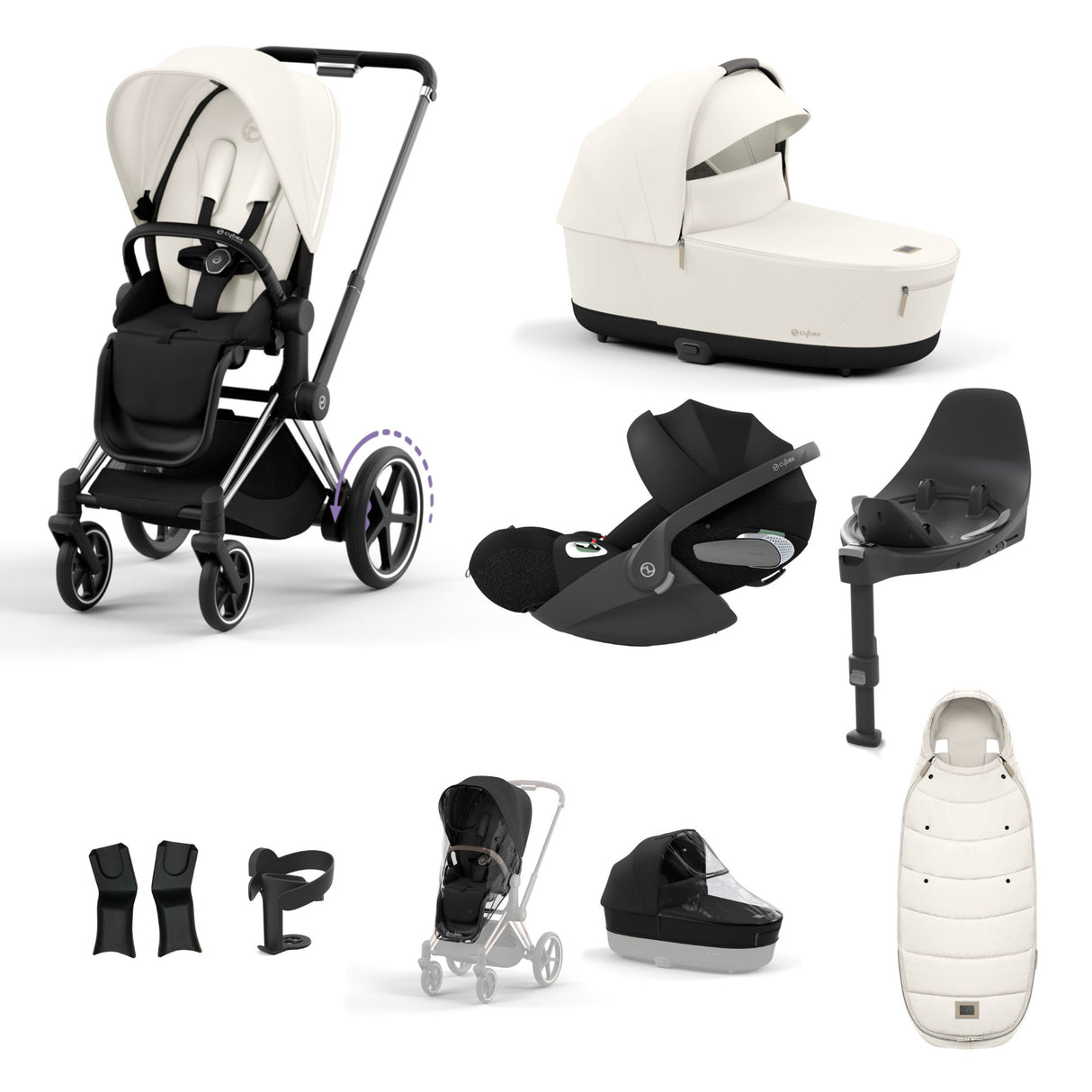 Cybex e-Priam Travel System with Accessories, Cloud T Car Seat & ISOFIX Base - Off White / Chrome Black Frame