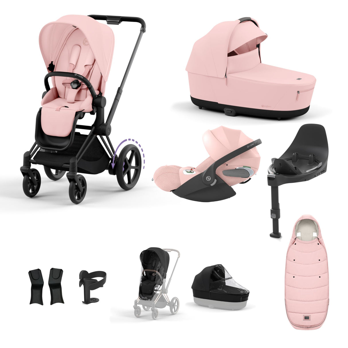 Cybex e-Priam Travel System with Accessories, Cloud T Car Seat & ISOFIX Base - Peach Pink / Matt Black Frame