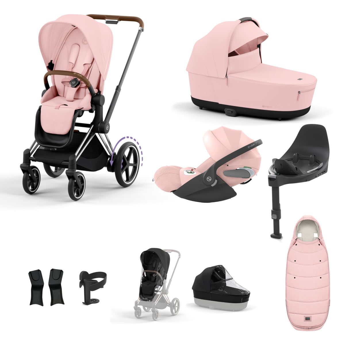 Cybex e-Priam Travel System with Accessories, Cloud T Car Seat & ISOFIX Base - Peach Pink / Chrome Brown Frame