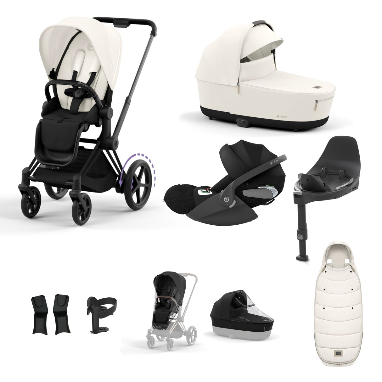 Cybex e-Priam Travel System with Accessories, Cloud T Car Seat & ISOFIX Base - Off White / Matt Black Frame