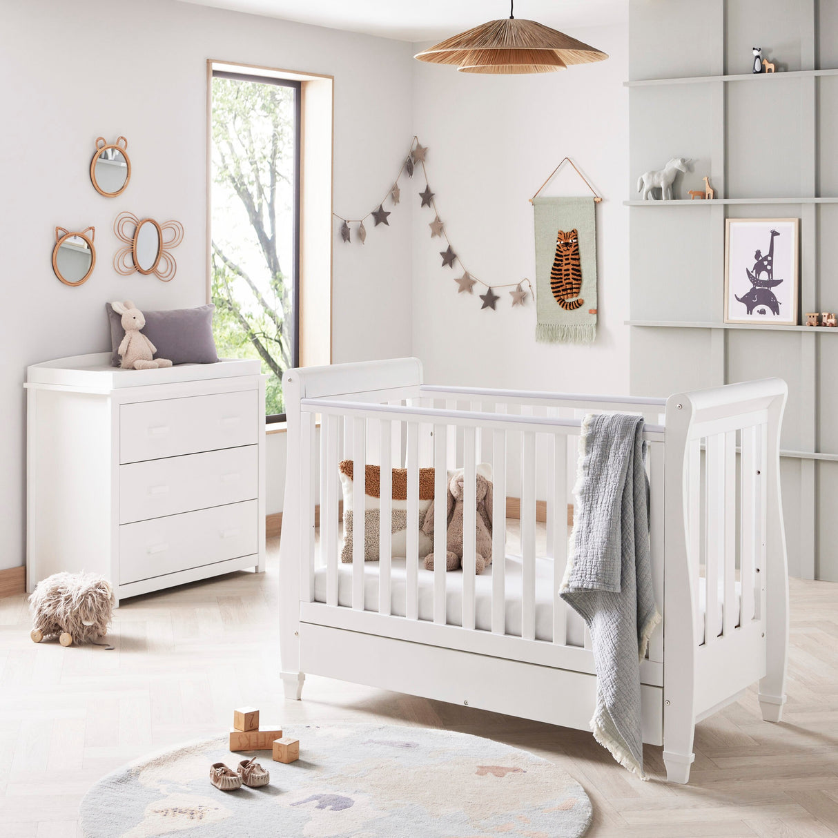 Babymore Eva 2 Piece Nursery Furniture Set with Cot Bed and Dresser - White