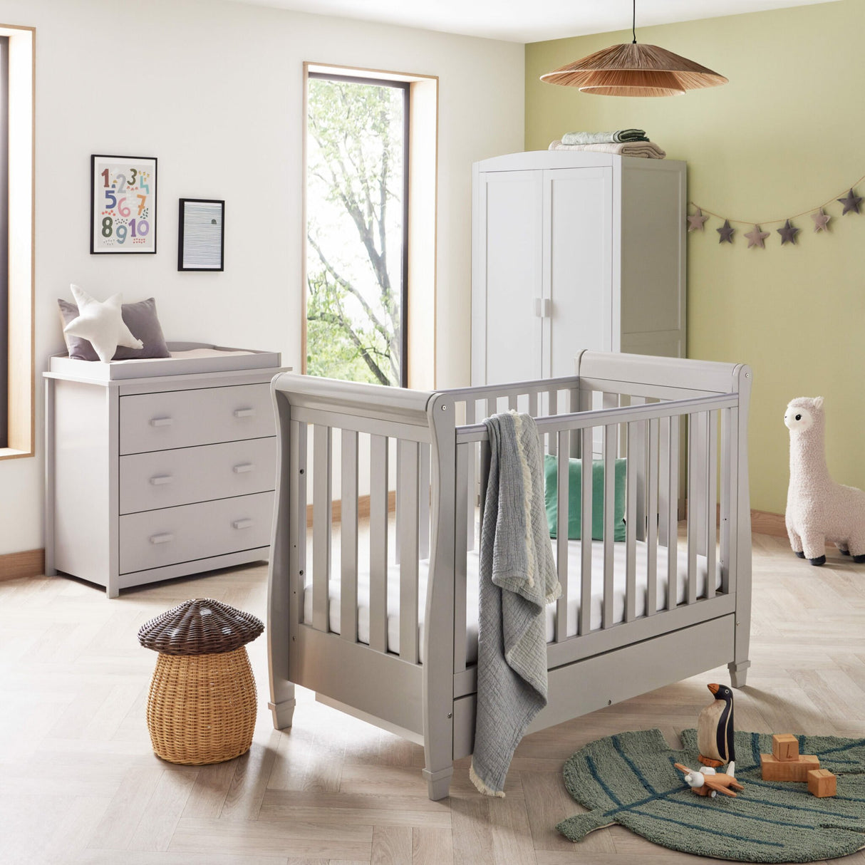 Babymore Eva 3 Piece Nursery Furniture Set with Cot Bed, Dresser and Wardrobe - Grey