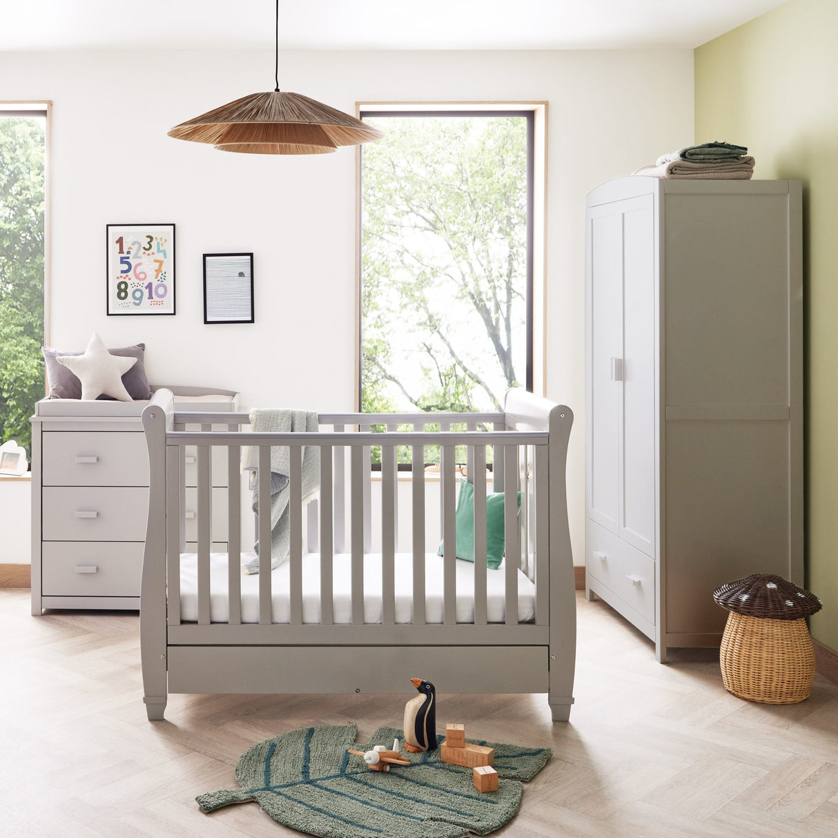 Babymore Eva Sleigh Drop Side Cot Bed with Under Drawer - Grey