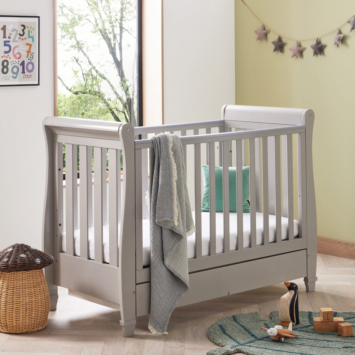 Babymore Eva Sleigh Drop Side Cot Bed with Under Drawer - Grey