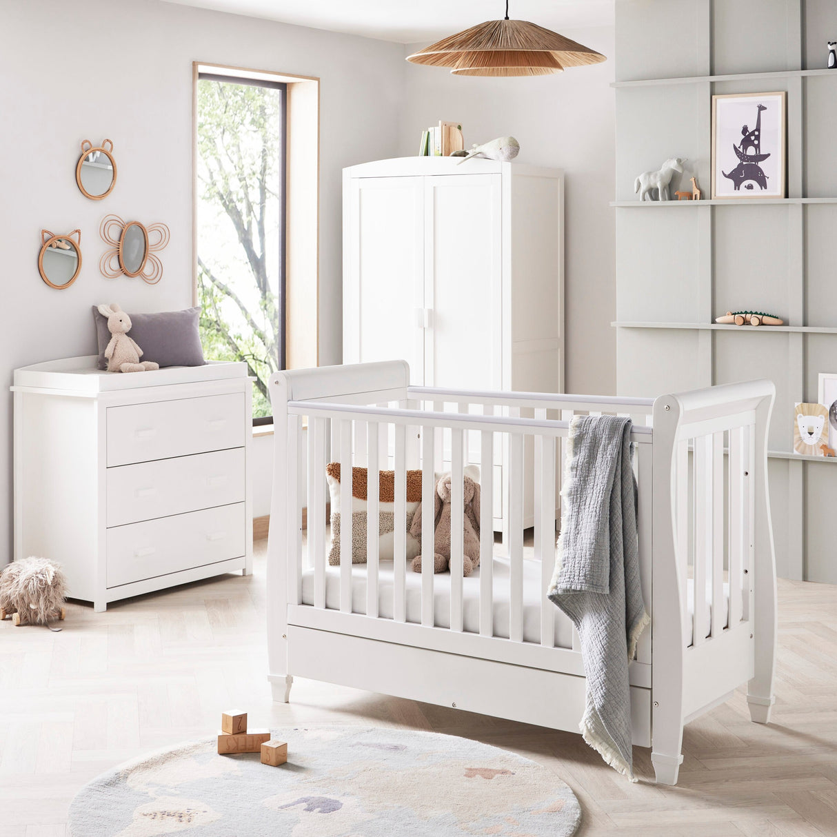 Babymore Eva 3 Piece Nursery Furniture Set with Cot Bed, Dresser and Wardrobe - White