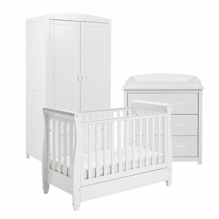 Babymore Eva 3 Piece Nursery Furniture Set with Cot Bed, Dresser and Wardrobe - White