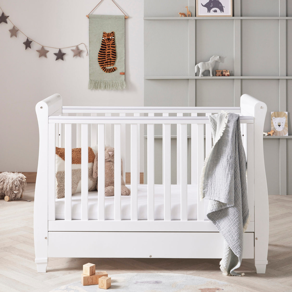 Babymore Eva Sleigh Drop Side Cot Bed with Under Drawer - White
