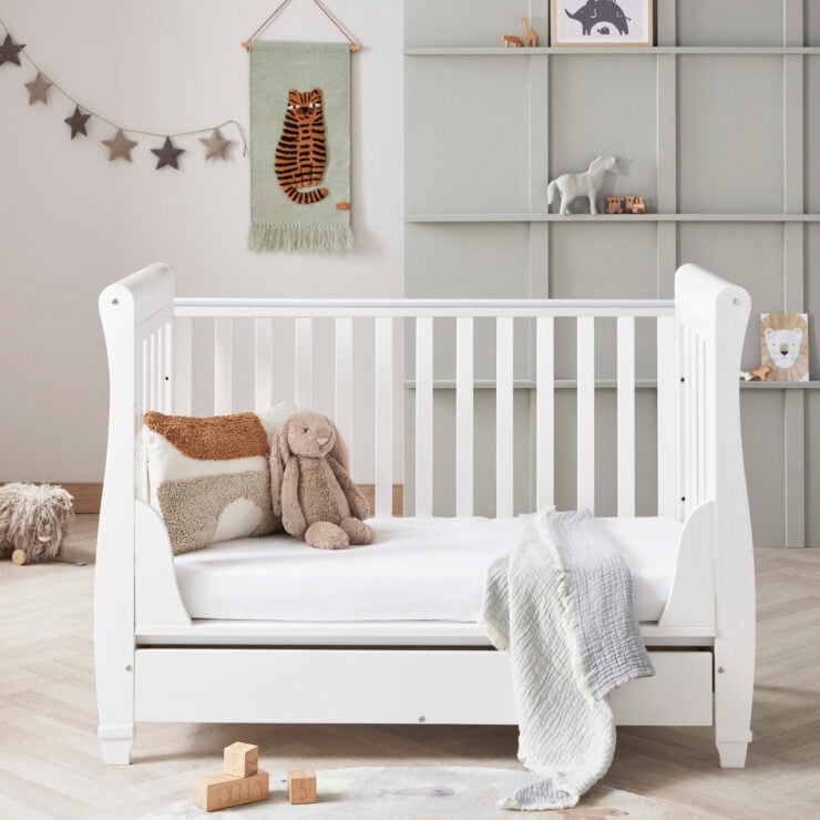 Babymore Eva Sleigh Drop Side Cot Bed with Under Drawer - White