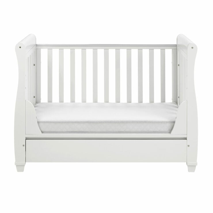Babymore Eva Sleigh Drop Side Cot Bed with Under Drawer - White