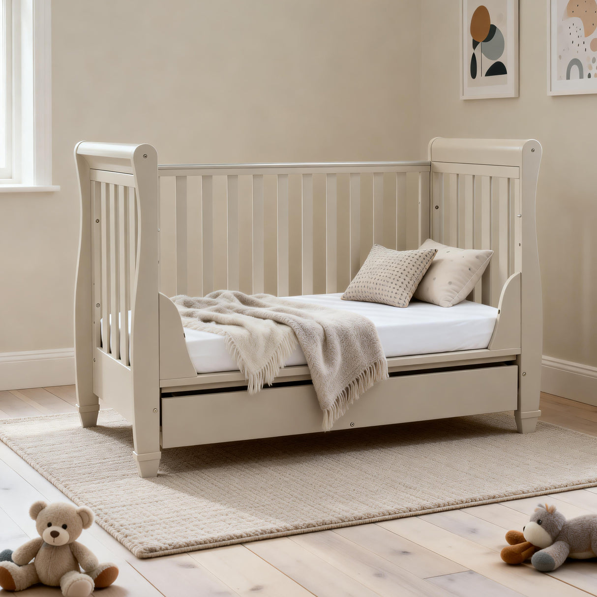 Babymore Eva Sleigh Drop Side Cot Bed with Under Drawer - Cashmere
