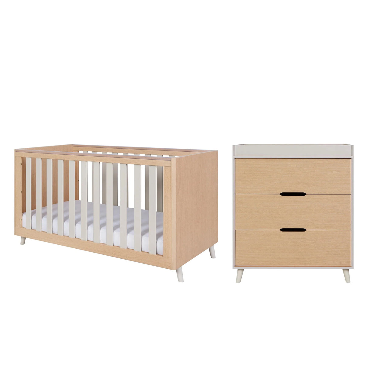 Tutti Bambini Fika 2 Piece Nursery Furniture Set with Cot Bed & Dresser - White Sand & Light Oak