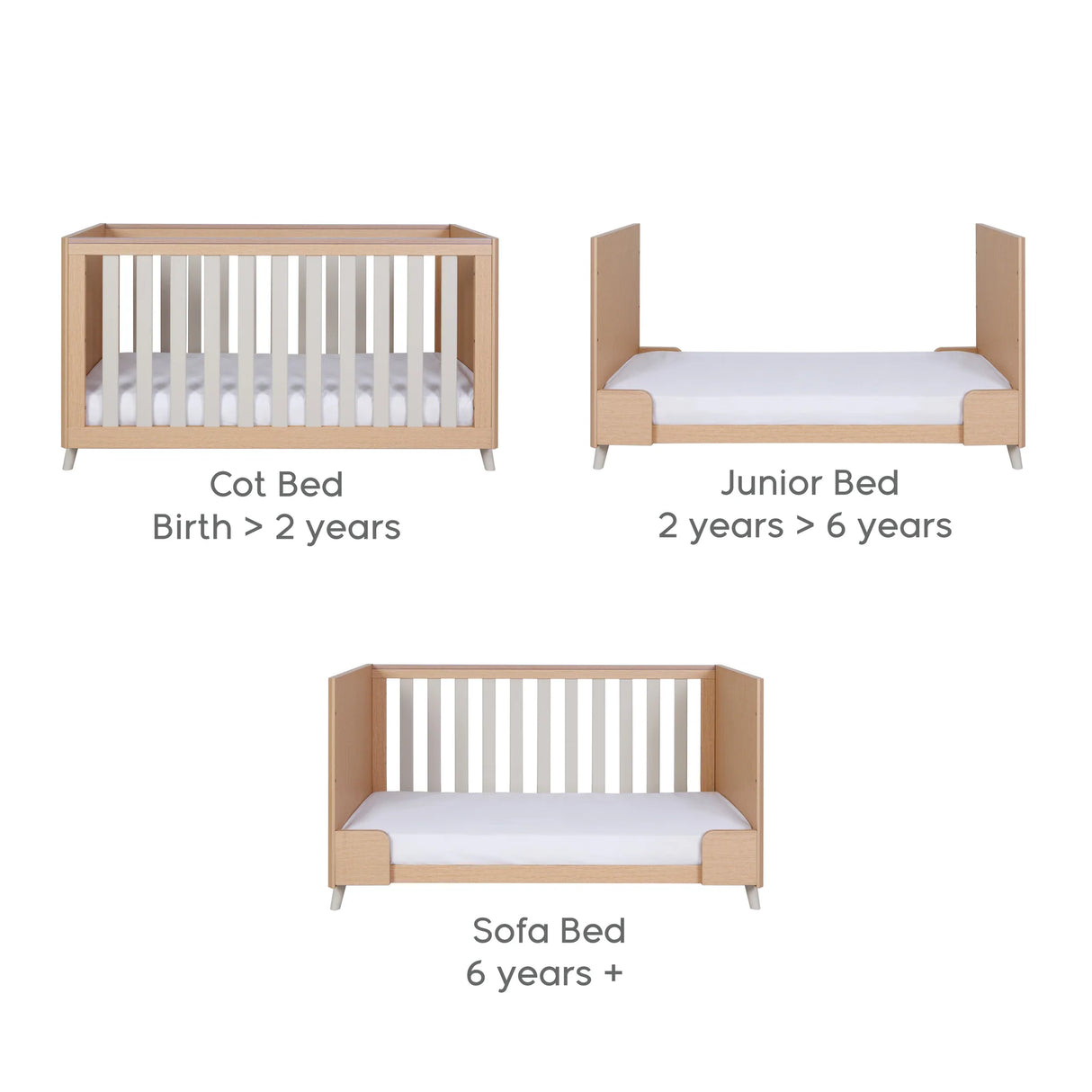 Tutti Bambini Fika 3 Piece Nursery Furniture Set with Cot Bed, Dresser & Wardrobe - White Sand & Light Oak