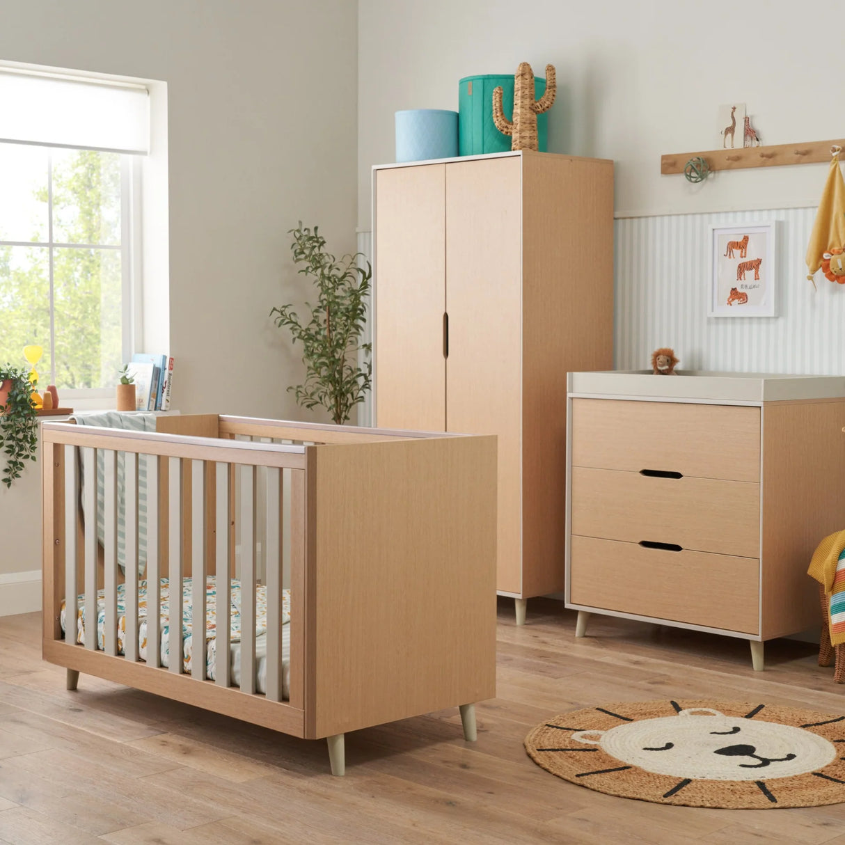 Tutti Bambini Fika Mini 3 Piece Nursery Furniture Set with Cot Bed, Dresser & Wardrobe - White Sand & Light Oak
