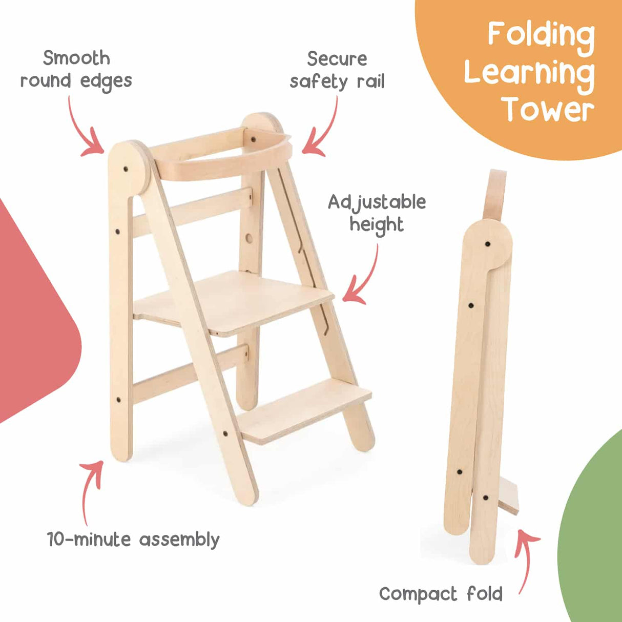 MamaToyz Folding Learning Tower Natural Beech Wood Montessori Child Safety Platform