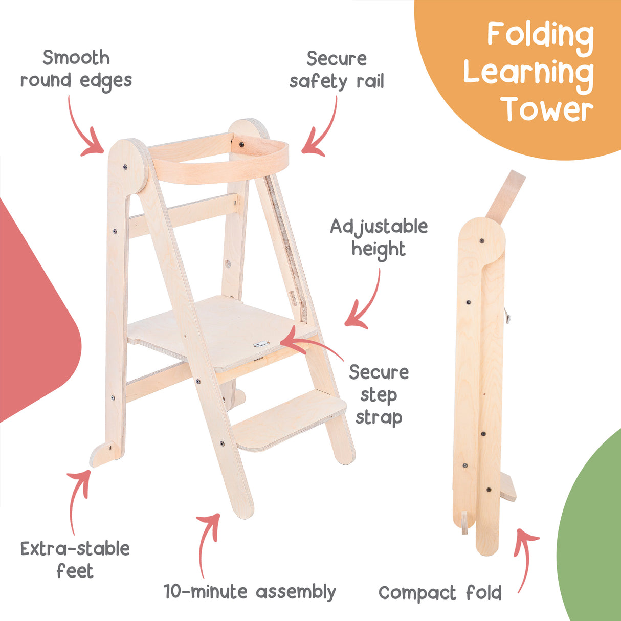 MamaToyz Folding Learning Tower - Natural Beech Wood Montessori Child Safety Platform