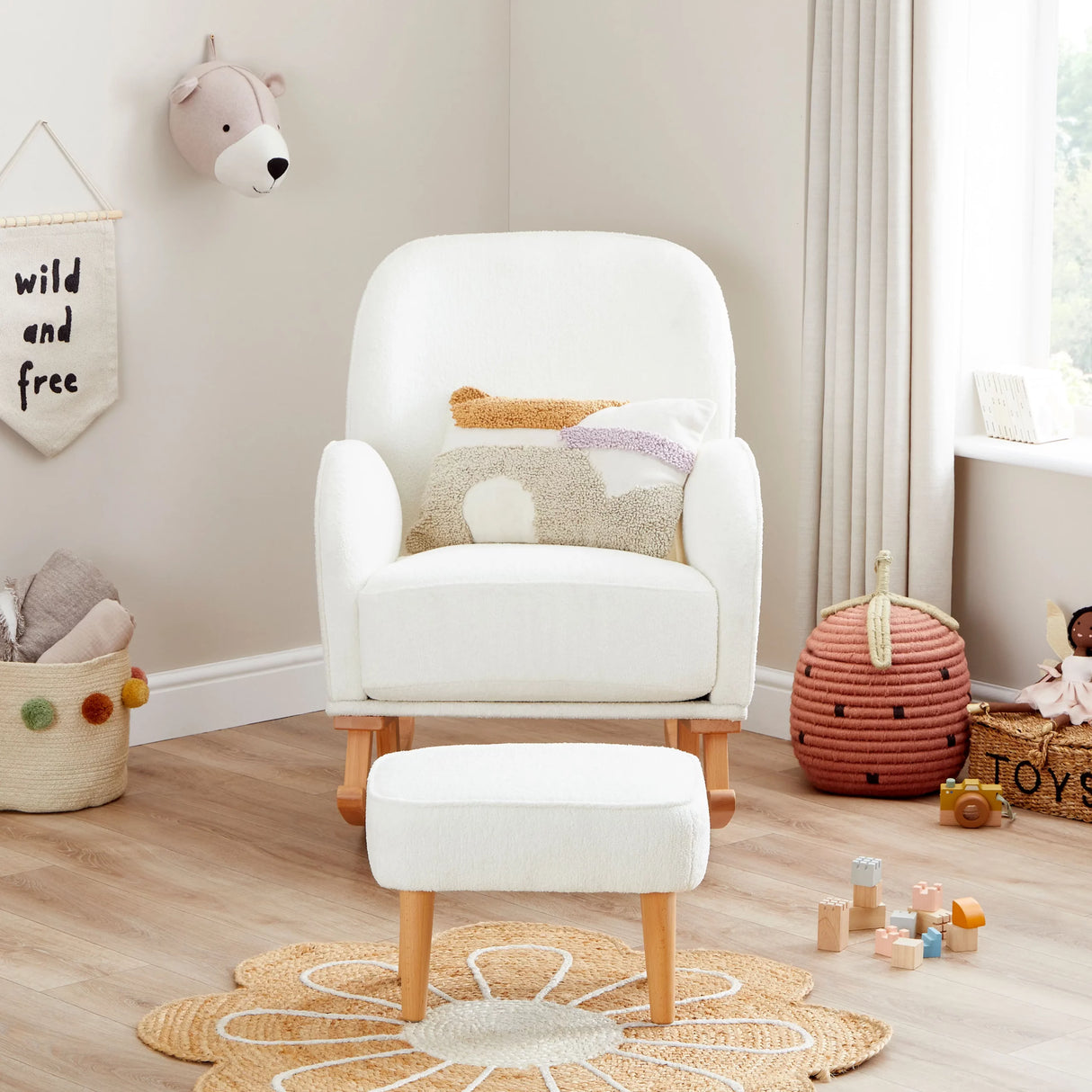 Babymore Freya Nursing Rocking Chair & Foot Stool – Off White Bouclé