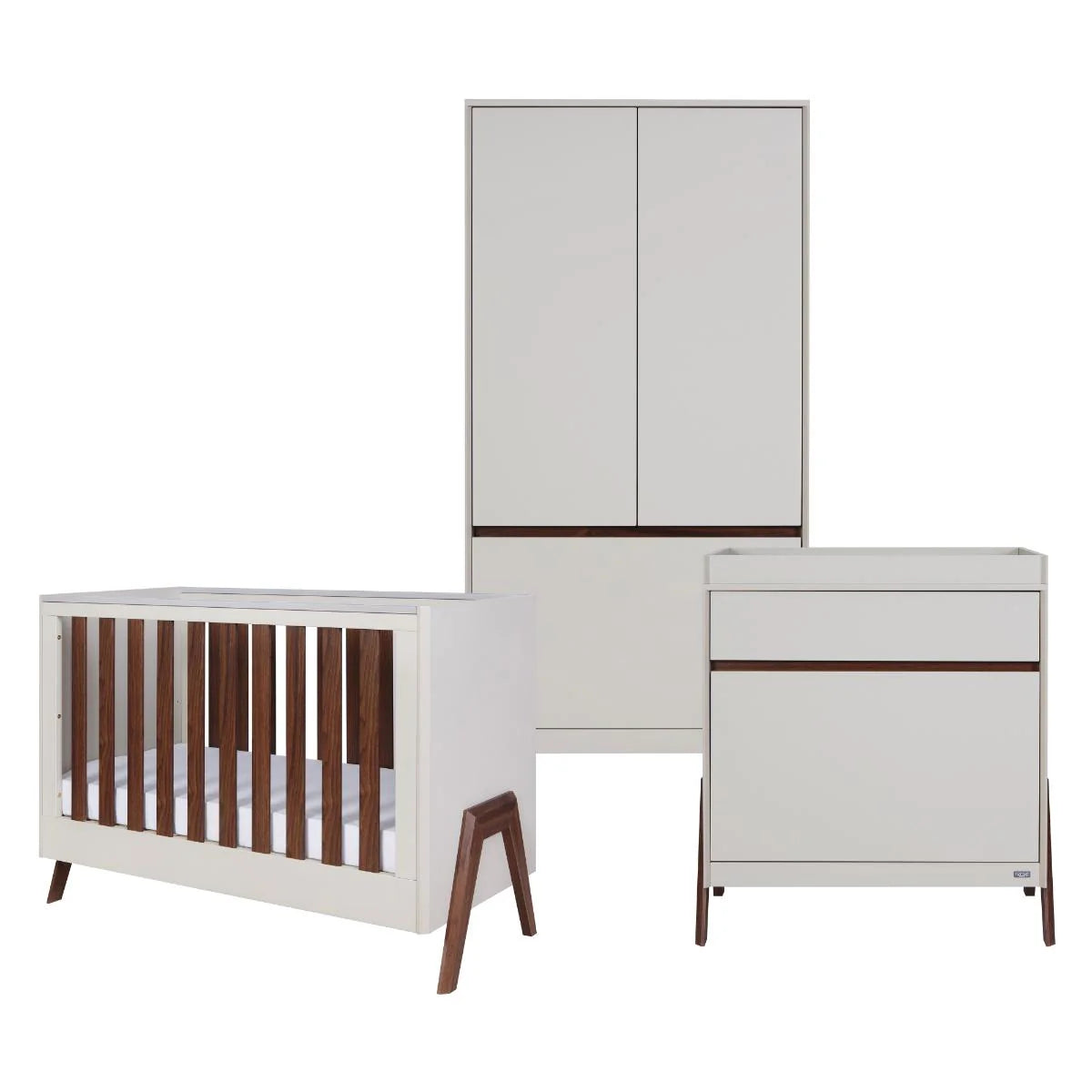 Tutti Bambini Fuori Mini 3 Piece Nursery Furniture Set with Cot Bed, Dresser & Wardrobe - White Sand / Warm Walnut